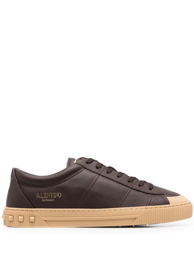 Shop Valentino Cityplanet Studded Low-top Sneakers In Brown