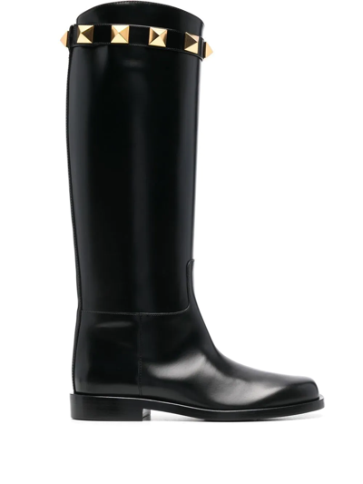 Shop Valentino 25mm Rockstud Embellished Knee-high Boots In Black