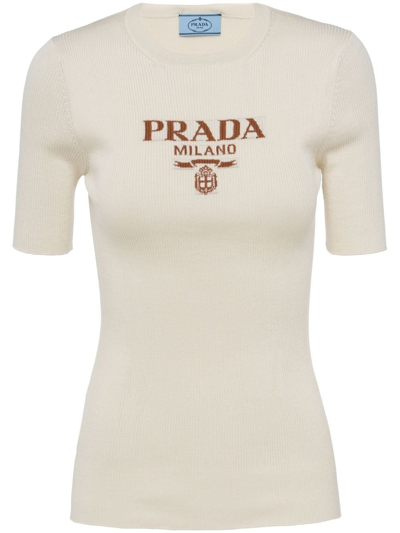 Shop Prada Logo-intarsia Silk Jumper In Neutrals