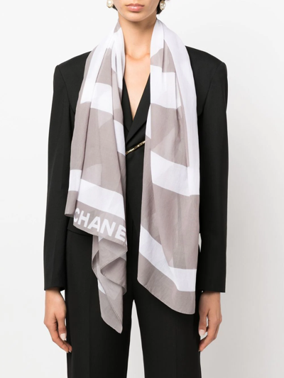 Pre-owned Chanel 2000s Logo Print Striped Scarf In Grey