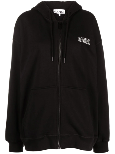 Shop Ganni Logo-embroidered Zipped Hoodie In Black