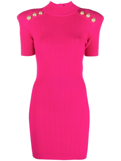 Shop Balmain Ribbed Knit Short-sleeve Dress In Pink