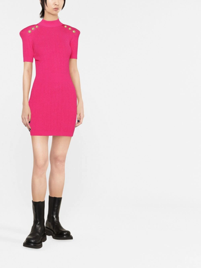 Shop Balmain Ribbed Knit Short-sleeve Dress In Pink