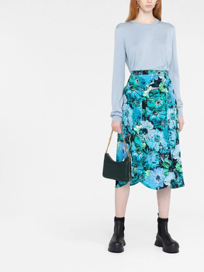 Shop Stella Mccartney Floral Silk Midi Skirt In Blue