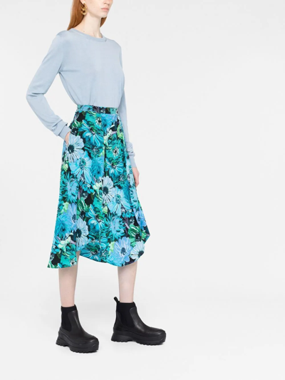 Shop Stella Mccartney Floral Silk Midi Skirt In Blue