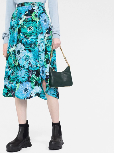 Shop Stella Mccartney Floral Silk Midi Skirt In Blue