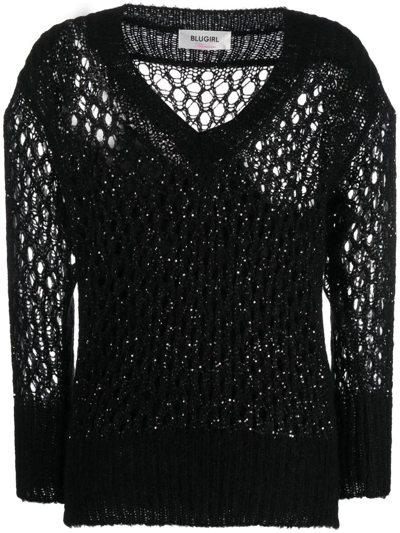 Shop Blugirl Open-knit V-neck Jumper In Black