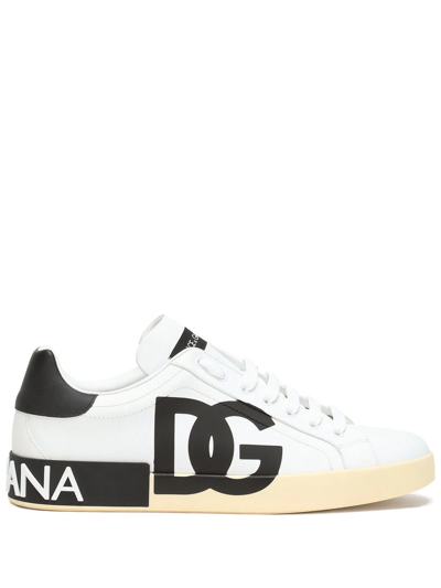 Dolce & Gabbana Calfskin Nappa Portofino Sneakers With Dg Logo Print In White
