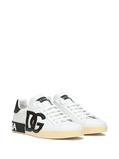 Dolce & Gabbana Calfskin Nappa Portofino Sneakers With Dg Logo Print In White
