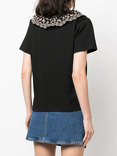 Shop See By Chloé Floral-embroidered Cotton T-shirt In Black