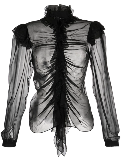 Shop Alberta Ferretti Ruffle-detail Silk Shirt In Black