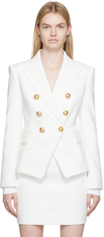 Balmain Double-breasted Structured Denim Blazer With Peak Lapel In White