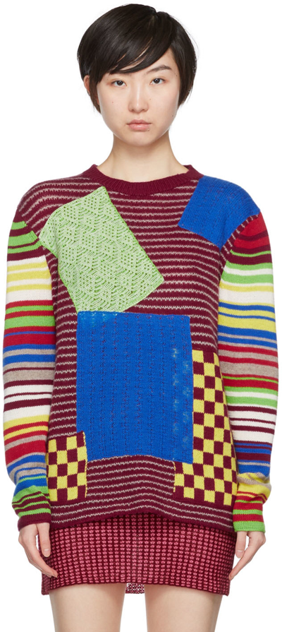 The Elder Statesman Moyen Patchwork Mercerized Wool And Cashmere-blend Sweater In Sapphire/cabernet/ma