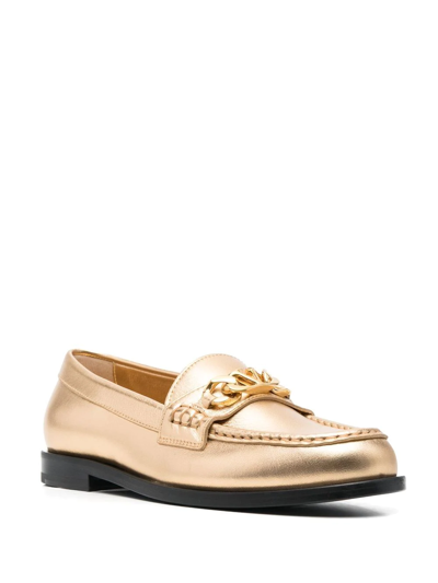 Shop Valentino Vlogo 10mm Chain Leather Loafers In Gold