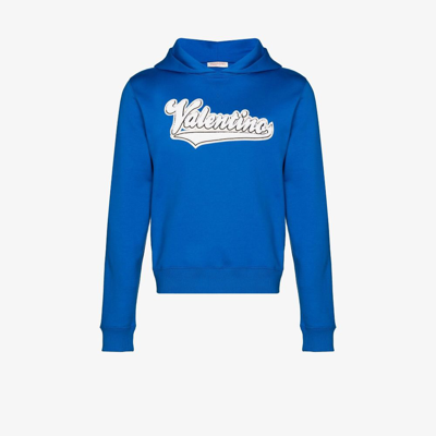 Shop Valentino Blue Logo Patch Cotton Hoodie