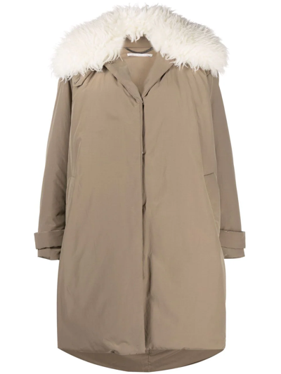 Shop Stella Mccartney Faux-fur Collar Technical Coat In Neutrals