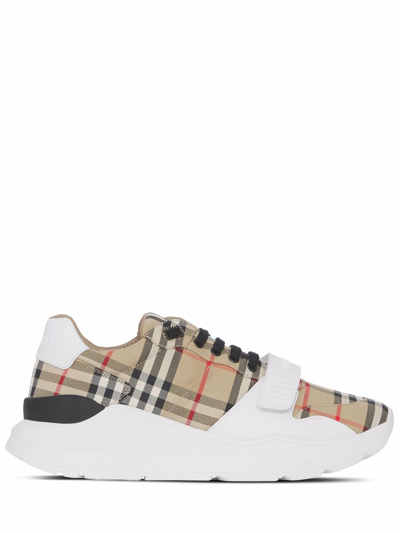Shop Burberry Vintage Check Motif Leather Sneakers In White