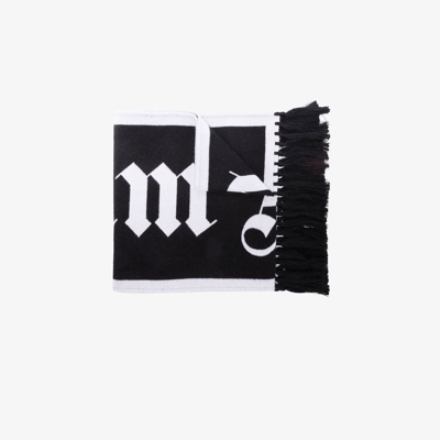 Shop Palm Angels Black Logo Wool Scarf