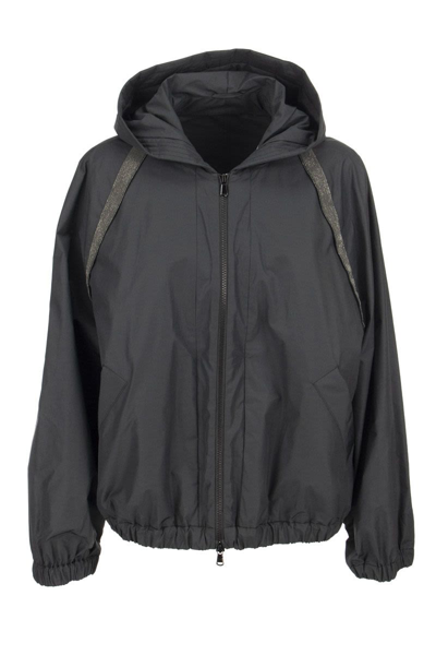 Shop Brunello Cucinelli Cotton Blend Bomber Jacket With Shiny Trim In Black