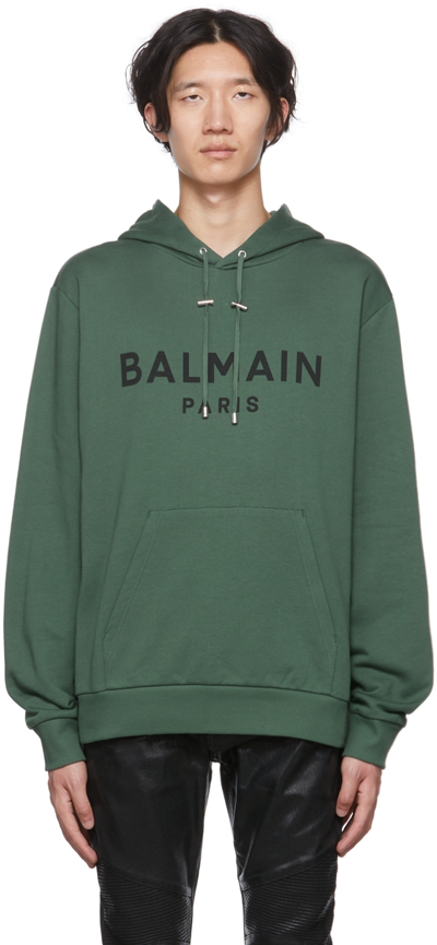 Shop Balmain Green Logo Hoodie In Udd Vert Bouteille/n
