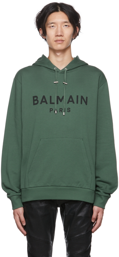 Balmain Mans Green Cotton Hoodie With Logo Print In Udd Vert Bouteille/n