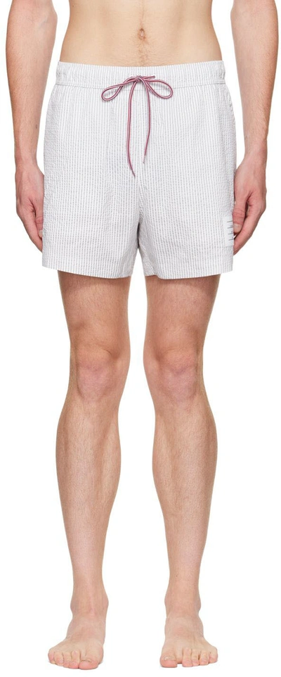 Shop Thom Browne White & Gray Striped Swim Shorts In 035 Med Grey