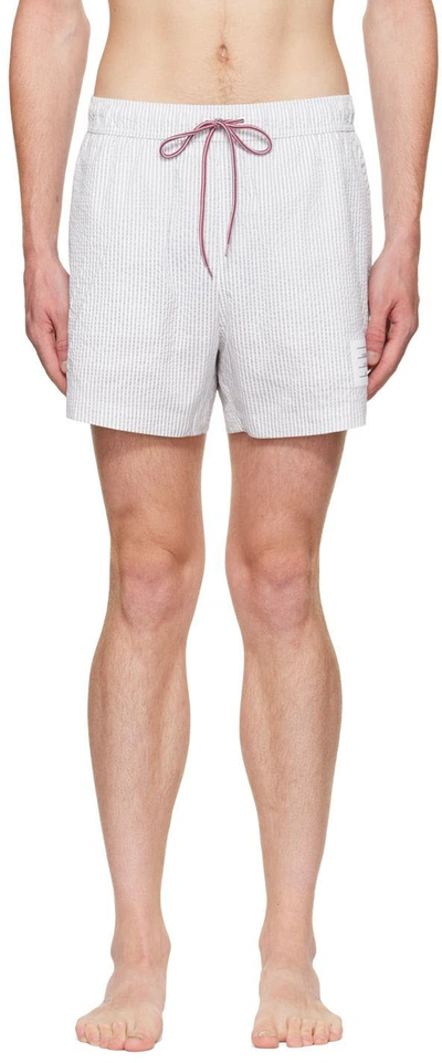 Thom Browne White & Gray Striped Swim Shorts In 035 Med Grey