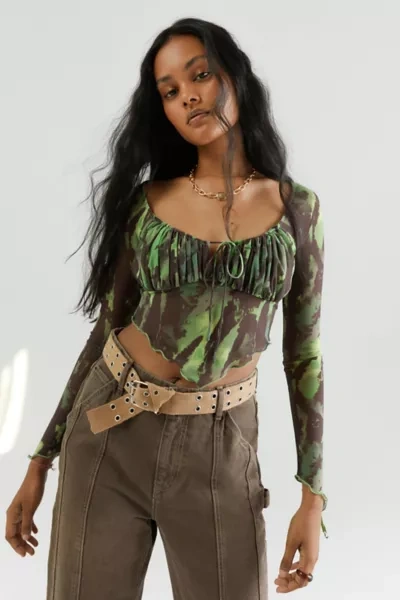 Urban Outfitters Uo Clara Long Sleeve Babydoll Top In Green Multi