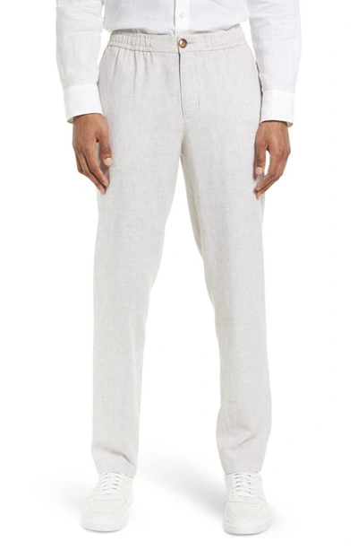 14th & Union Elastic Waist Linen Blend Trim Fit Pants In Tan Burrow- White Eoe