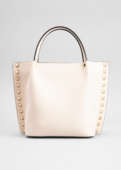 Shop Valentino Rockstud Small Calfskin Top-handle Tote Bag In I16 Light Ivory