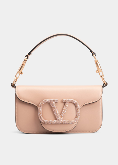 VALENTINO GARAVANI TPU Calfskin Crystal Embellished Vlogo Small Loco  Shoulder Bag Transparent Pink 1231347