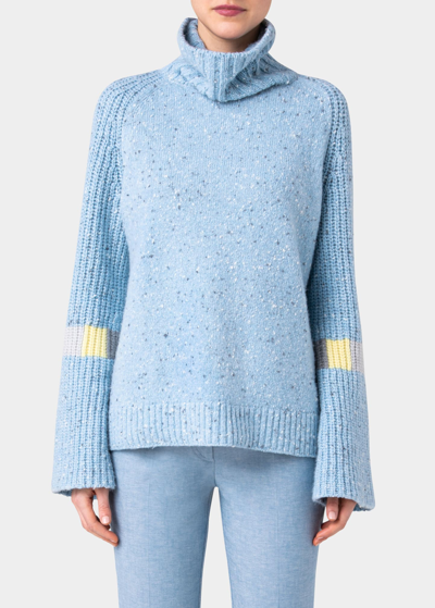 Shop Akris Cashmere Trumpet-sleeve Intarsia Sweater In Ice Blue