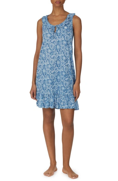 Shop Lauren Ralph Lauren Floral Ruffle Neck Nightgown In Dark Blue