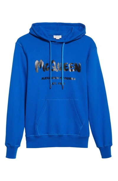 Shop Alexander Mcqueen Graffiti Logo Cotton Graphic Hoodie In Royal Blue/ Black