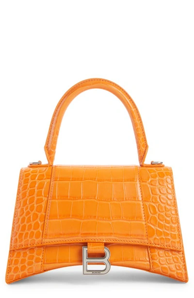 Shop Balenciaga Small Hourglass Croc Embossed Leather Top Handle Bag In Pop Orange