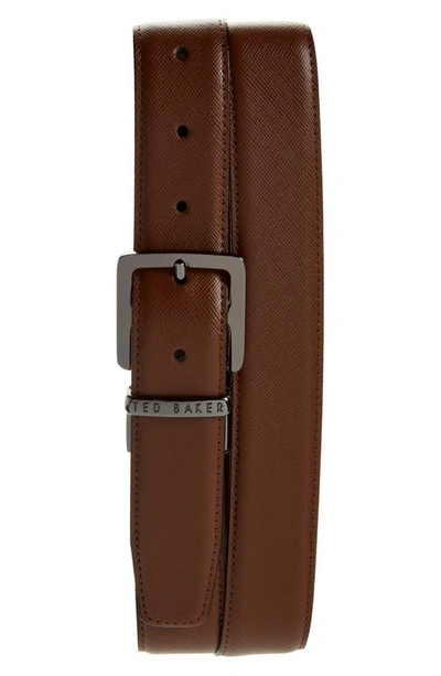 Shop Ted Baker Dolphin Reversible Leather Belt In Tan