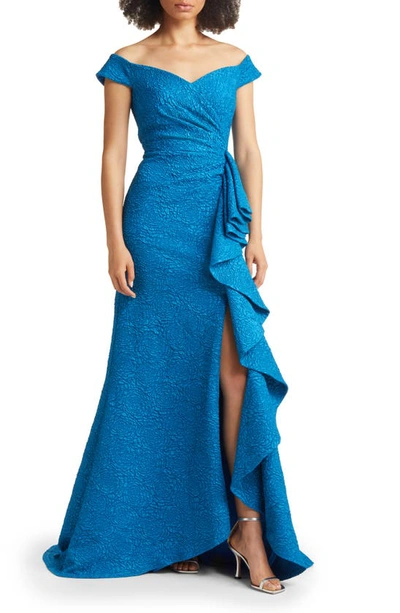 Shop Tadashi Shoji Ruffle Slit Off-the-shoulder Gown In Ocean Blue