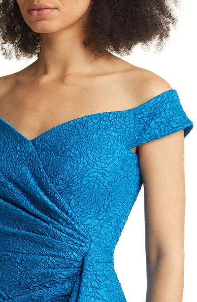 Shop Tadashi Shoji Ruffle Slit Off-the-shoulder Gown In Ocean Blue