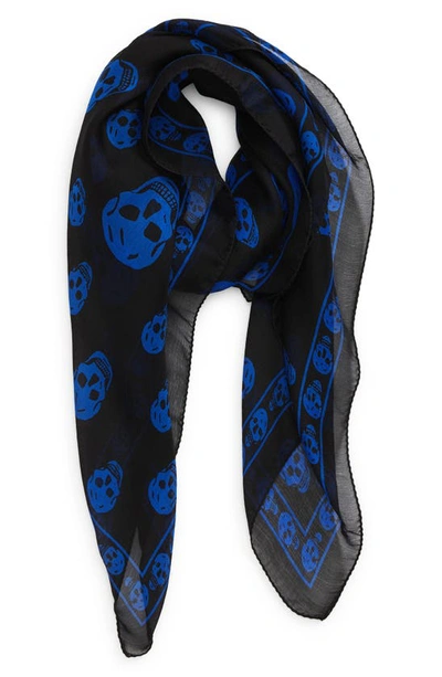 Shop Alexander Mcqueen Skull Silk Scarf In Black/ Blue