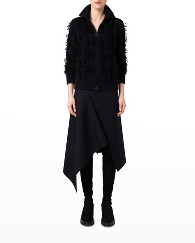 Shop Akris Cashmere Jacquard Fringe Zip-front Top In Black