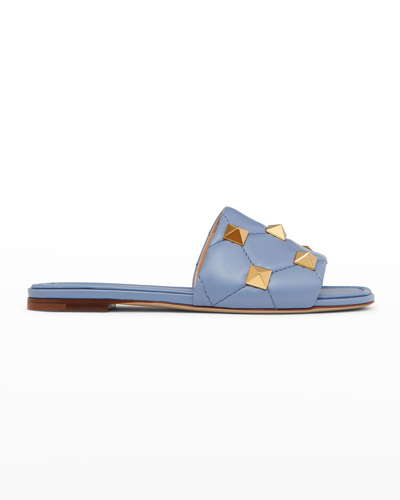 Shop Valentino Roman Stud 5mm Flat Slide Sandals In 56y Niagra Blue