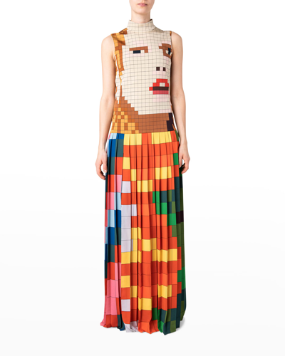 Shop Akris Pleated Pixel Printed High-neck Gown In Multicolor