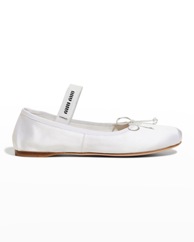 Shop Miu Miu Satin Bow Ballerina Flats In Bianco