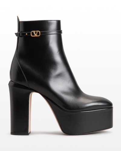 Shop Valentino Leather Vlogo Platform Ankle Booties In 0no Nero