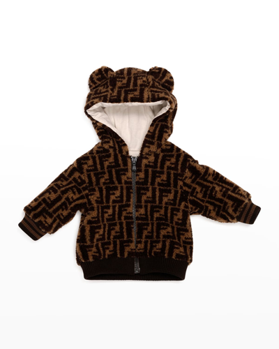 Shop Fendi Kid's Monogram Fuzzy Hooded Jacket In F15b6 Blckbrwn