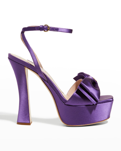 Shop Miu Miu Silk Bow Ankle-strap Platform Sandals In Viola