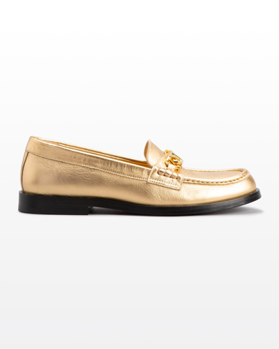 Shop Valentino Vlogo Metallic Leather Loafers In Km5 Antique Brass