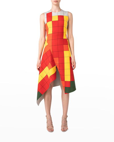 Shop Akris Checked Asymmetric Paneled Midi Dress In Multicolor