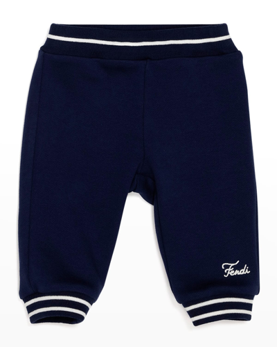Shop Fendi Kid's Stripe Logo Sweatpants In F1i11 Navy