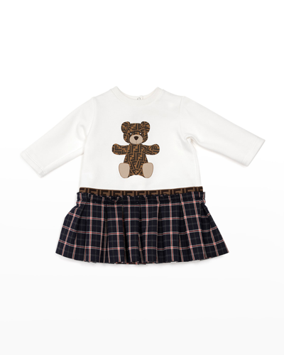 Shop Fendi Girl's Monogram Bear Dress W/ Plaid Skirt In F0tu9 White